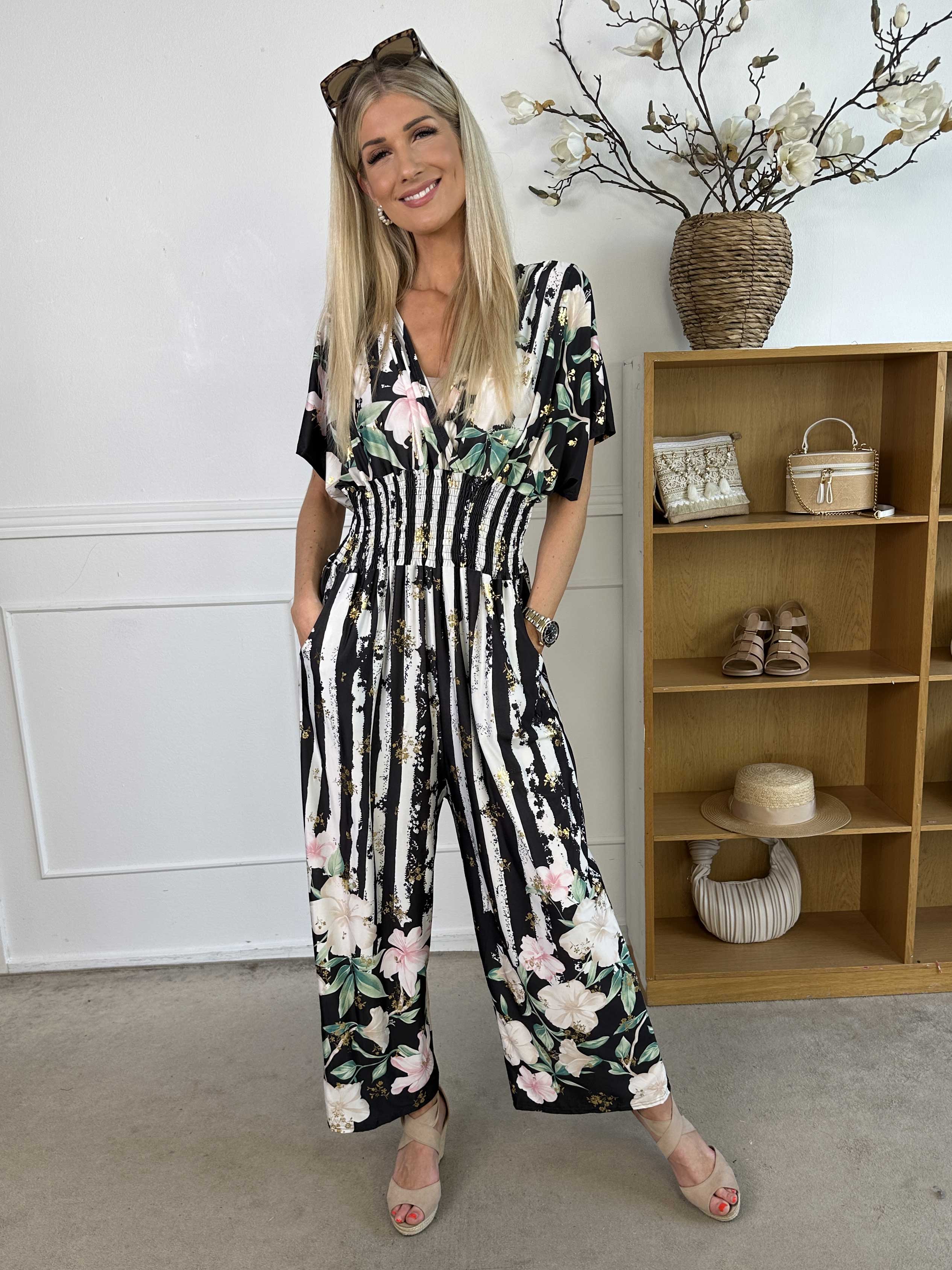 Pams Floral Stripe Jumpsuit - Elastisk buksedragt med blomstermotiver